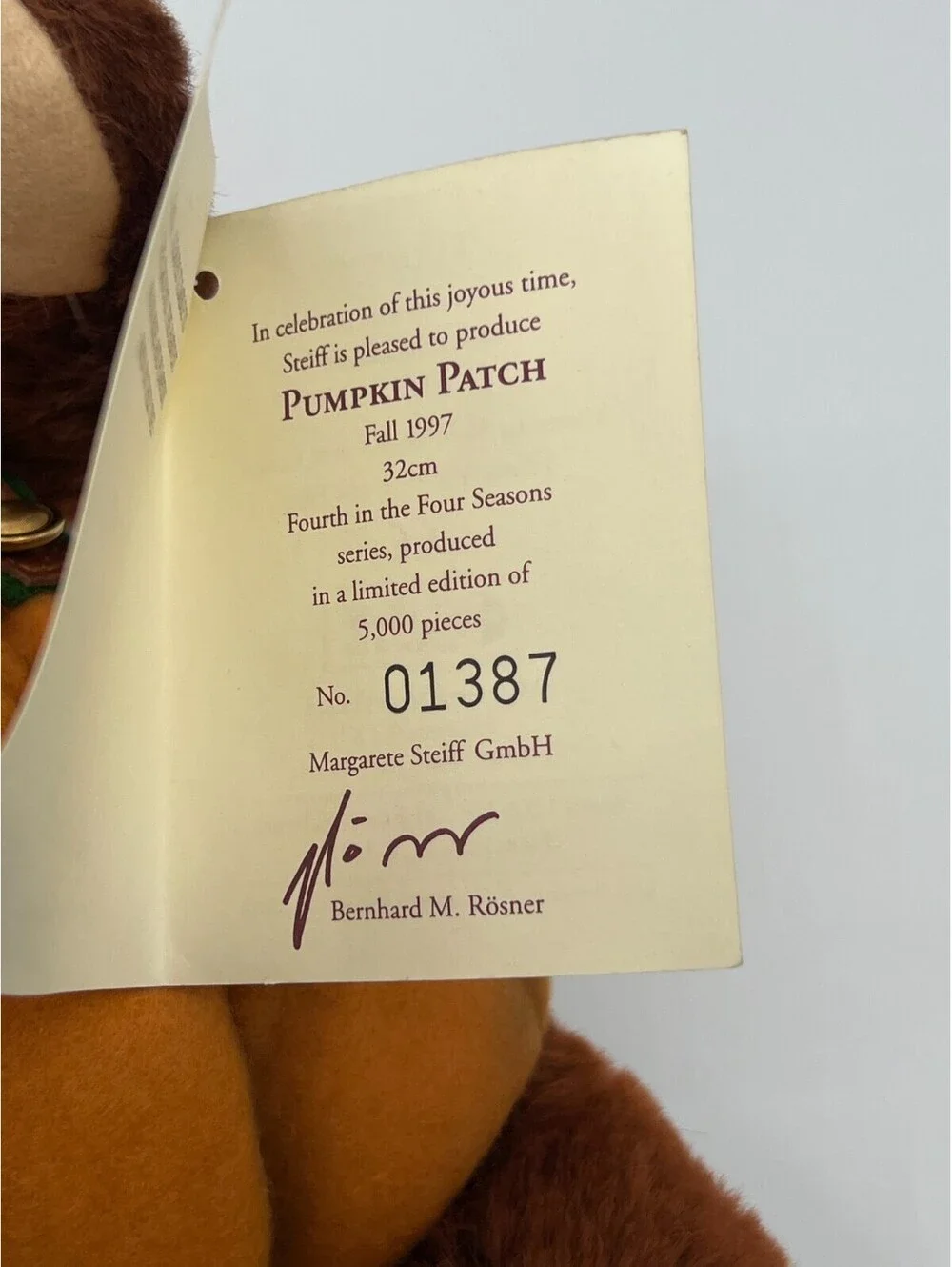 Vintage 1997 The Four Seasons Steiff Pumpkin Patch Bear #1387 of 5000 12.5”
